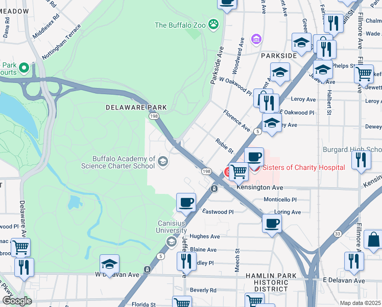 map of restaurants, bars, coffee shops, grocery stores, and more near 86 West Humboldt Parkway in Buffalo