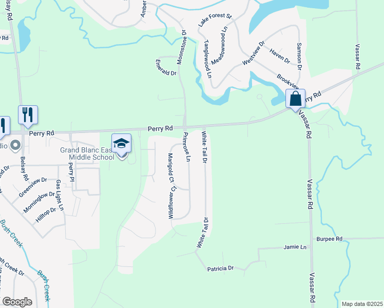 map of restaurants, bars, coffee shops, grocery stores, and more near 7063 Primrose Lane in Grand Blanc