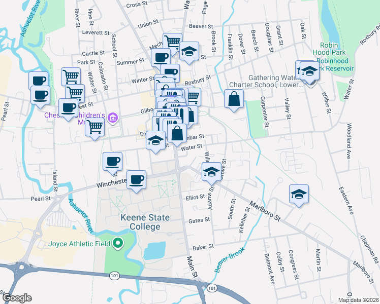 map of restaurants, bars, coffee shops, grocery stores, and more near 27 Water Street in Keene