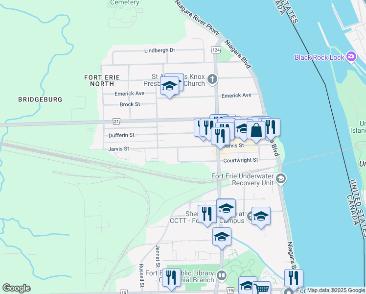 map of restaurants, bars, coffee shops, grocery stores, and more near Jarvis Street in Fort Erie