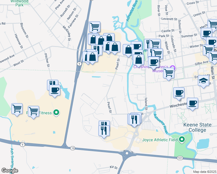 map of restaurants, bars, coffee shops, grocery stores, and more near 123 Pearl Street in Keene
