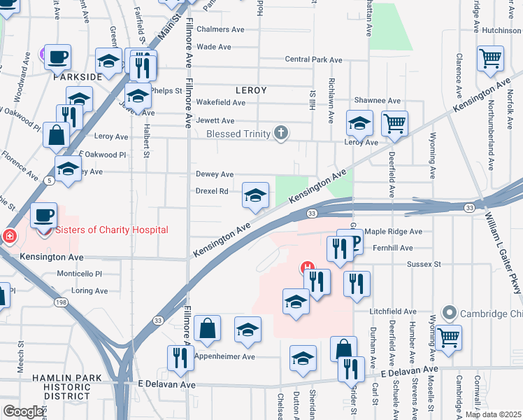 map of restaurants, bars, coffee shops, grocery stores, and more near 99 Drexel Road in Buffalo