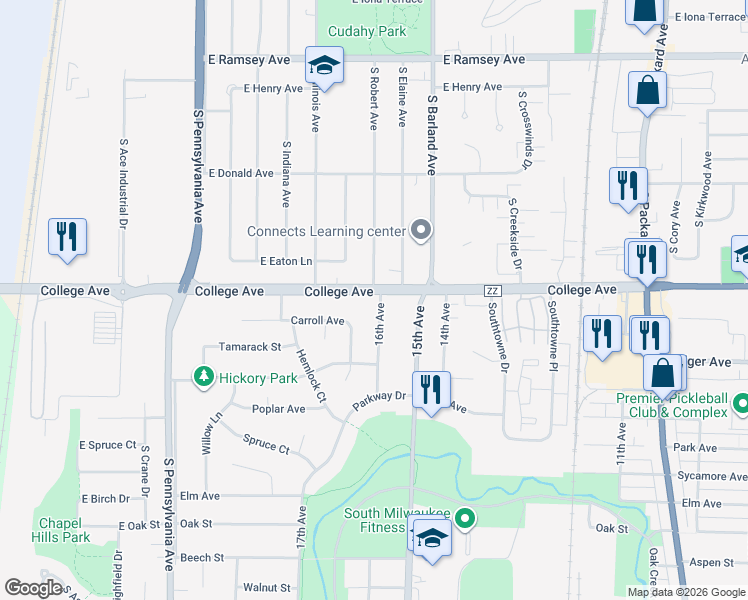 map of restaurants, bars, coffee shops, grocery stores, and more near 2926 College Avenue in Cudahy