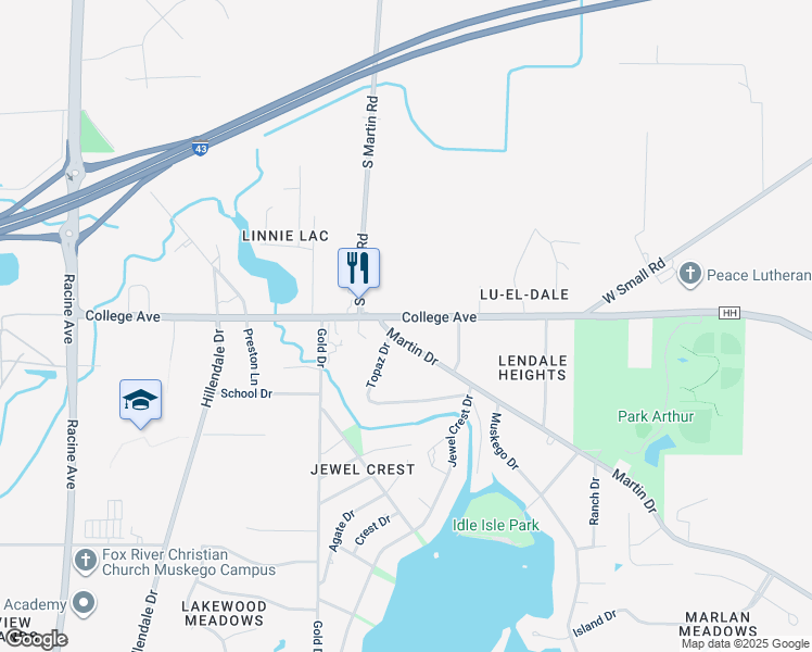 map of restaurants, bars, coffee shops, grocery stores, and more near 18590 College Avenue in New Berlin