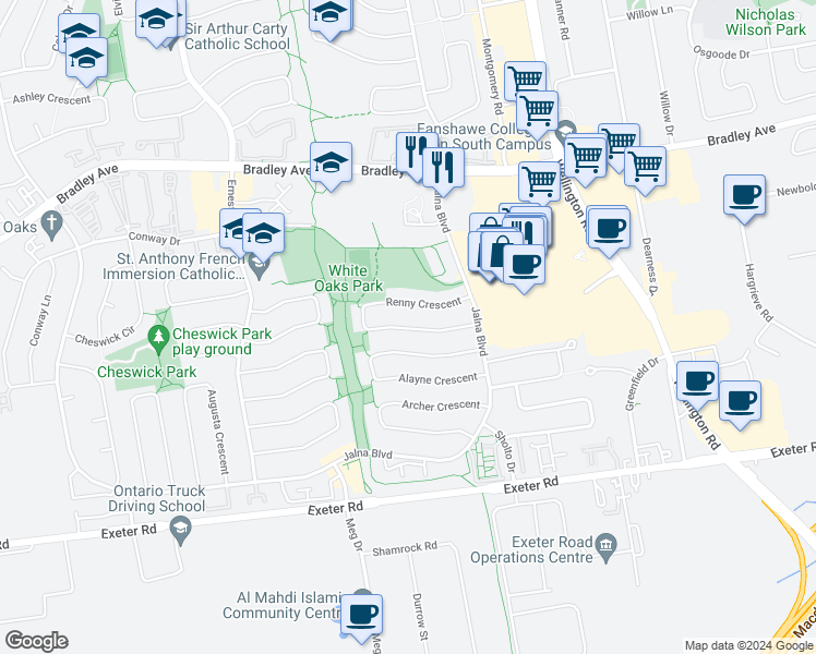 map of restaurants, bars, coffee shops, grocery stores, and more near 71 Renny Crescent in London