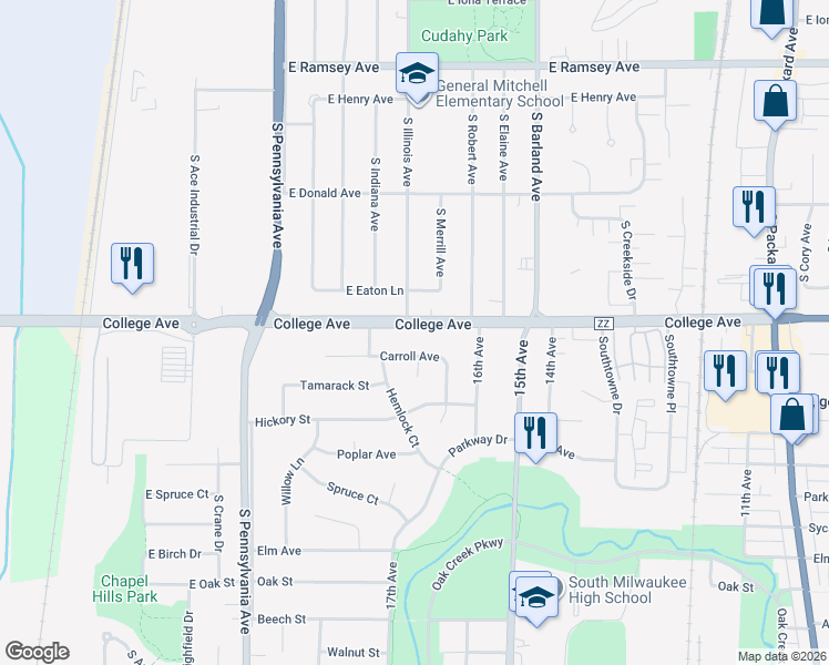 map of restaurants, bars, coffee shops, grocery stores, and more near 1659 East College Avenue in South Milwaukee