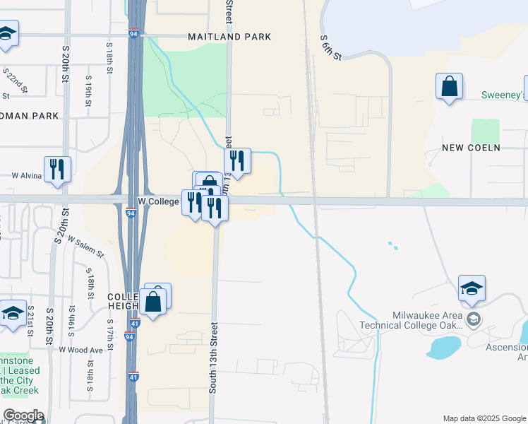 map of restaurants, bars, coffee shops, grocery stores, and more near 1001 County Road ZZ in Oak Creek