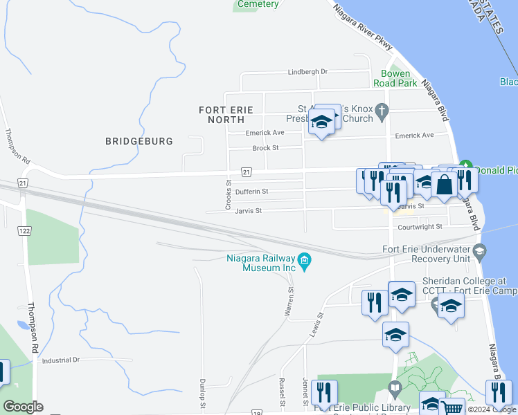 map of restaurants, bars, coffee shops, grocery stores, and more near 334 Jarvis Street in Fort Erie