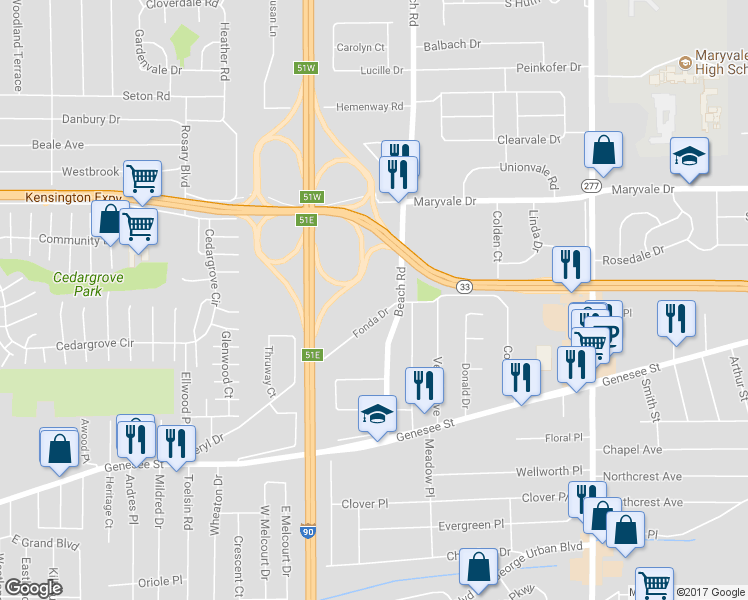 map of restaurants, bars, coffee shops, grocery stores, and more near 304 Fonda Drive in Buffalo