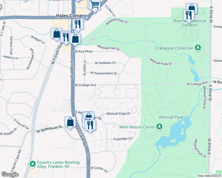 map of restaurants, bars, coffee shops, grocery stores, and more near 10320 Plum Tree Circle in Hales Corners