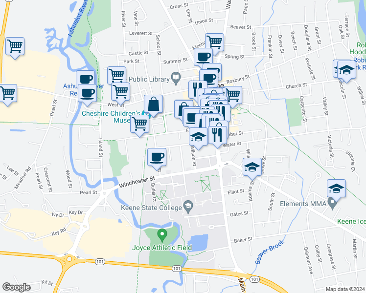 map of restaurants, bars, coffee shops, grocery stores, and more near 76 Davis Street in Keene