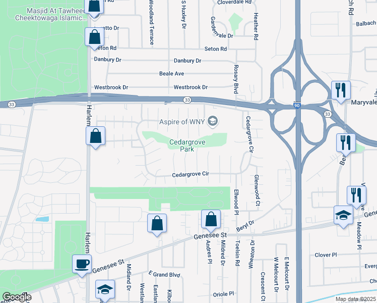 map of restaurants, bars, coffee shops, grocery stores, and more near 33-35 Rockleigh Drive in Cheektowaga