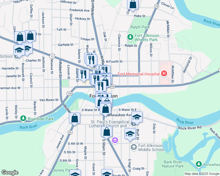 map of restaurants, bars, coffee shops, grocery stores, and more near 28 Wisconsin 106 in Fort Atkinson