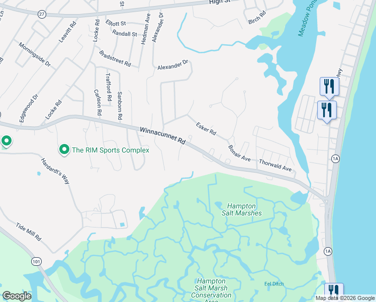 map of restaurants, bars, coffee shops, grocery stores, and more near 440 Winnacunnet Road in Hampton