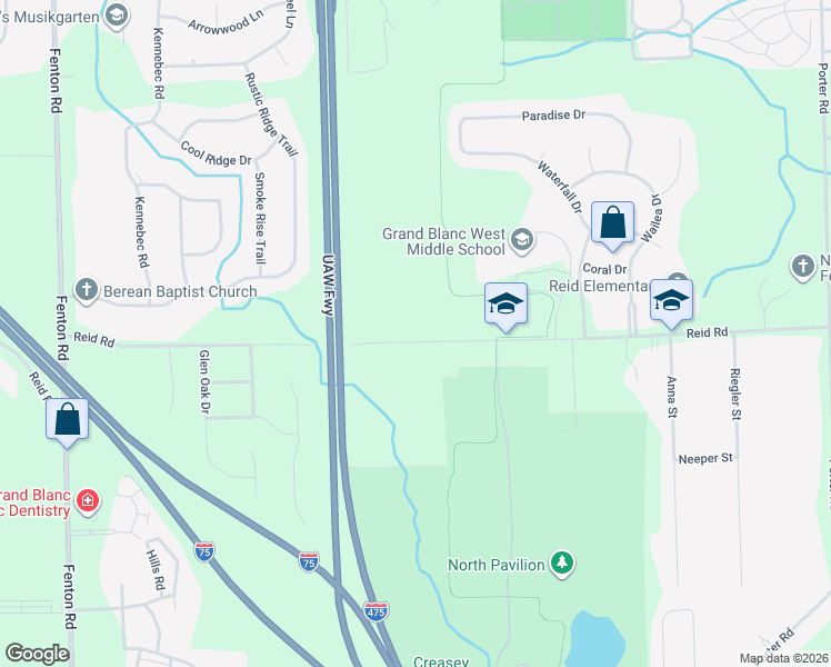 map of restaurants, bars, coffee shops, grocery stores, and more near 1393 Reid Road in Grand Blanc