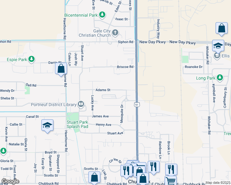 map of restaurants, bars, coffee shops, grocery stores, and more near 245 Adams Street in Chubbuck