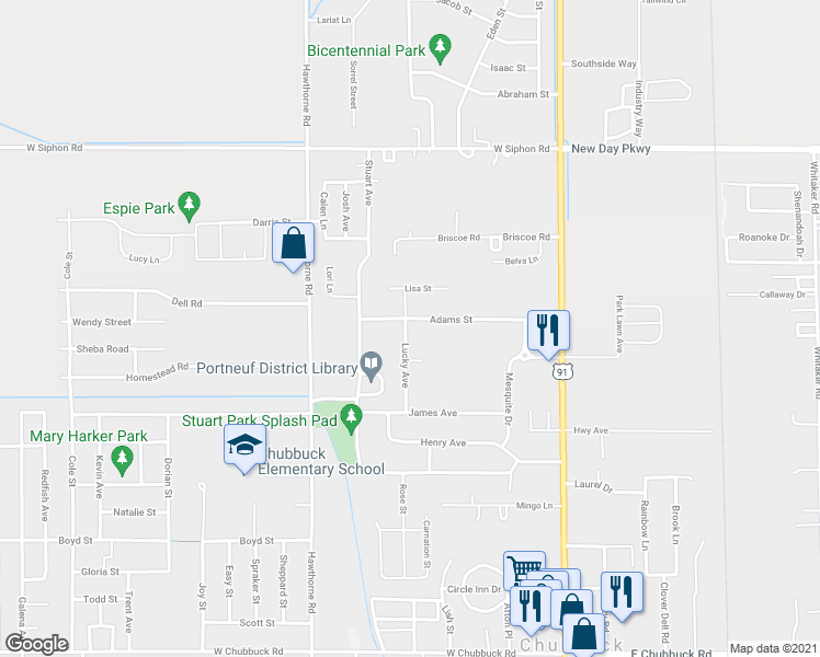 map of restaurants, bars, coffee shops, grocery stores, and more near 369 Adams Street in Pocatello