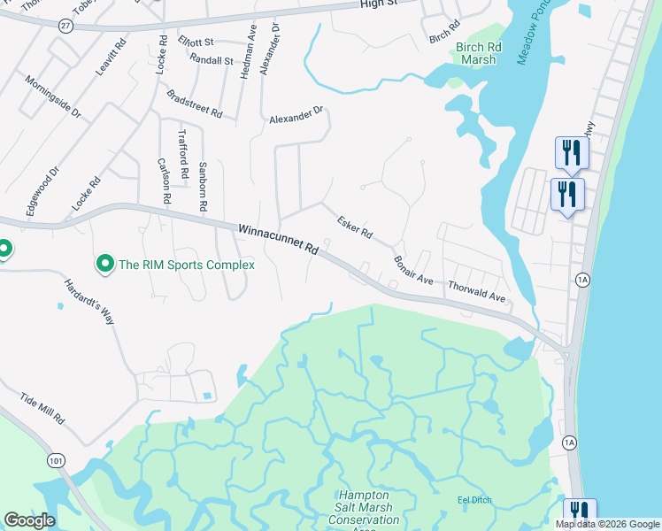 map of restaurants, bars, coffee shops, grocery stores, and more near 440 Winnacunnet Road in Hampton