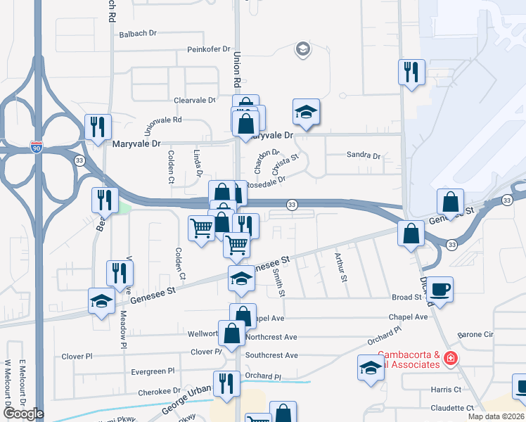 map of restaurants, bars, coffee shops, grocery stores, and more near 30 Leo Place in Cheektowaga