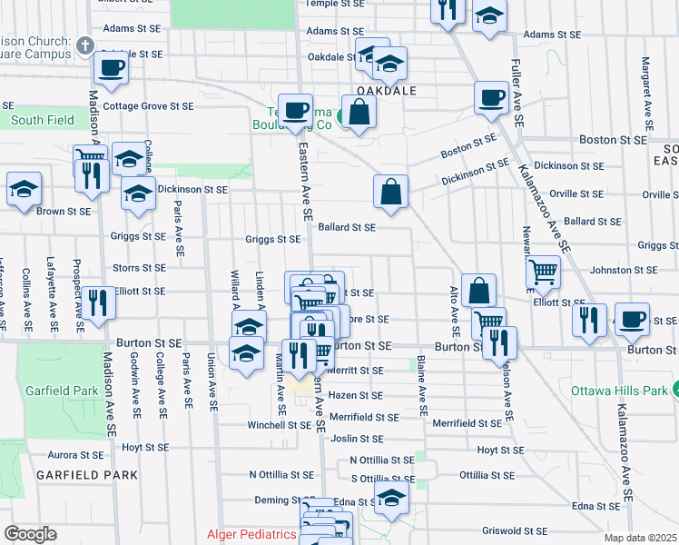 map of restaurants, bars, coffee shops, grocery stores, and more near 1834 Ruby Place Southeast in Grand Rapids