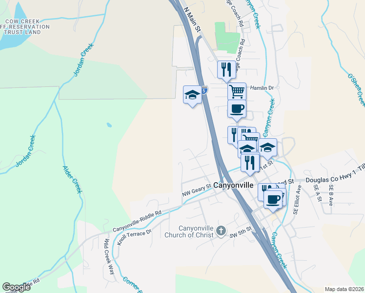 map of restaurants, bars, coffee shops, grocery stores, and more near 520 Annis Street in Canyonville