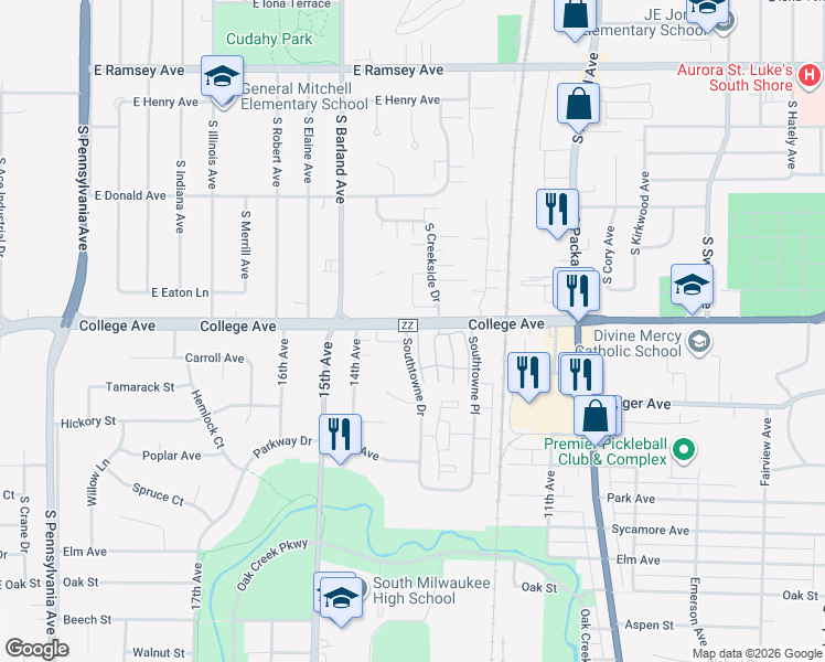 map of restaurants, bars, coffee shops, grocery stores, and more near 101 Southtowne Drive in South Milwaukee