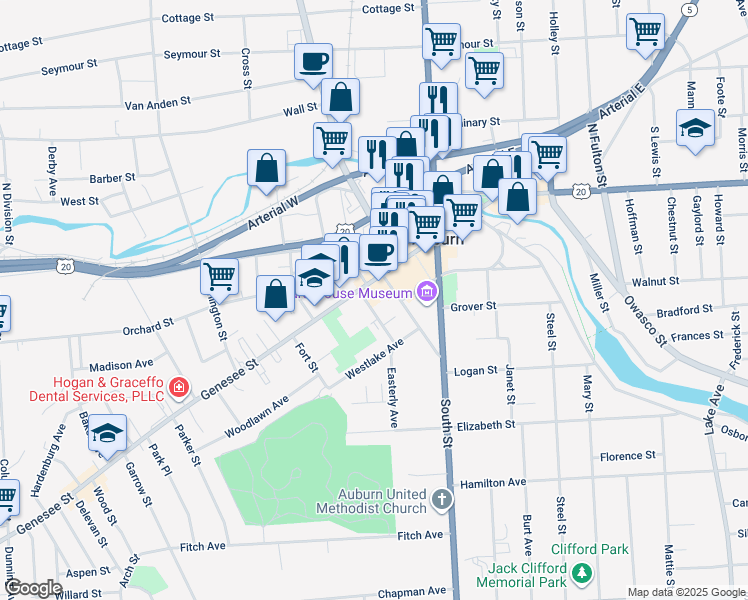 map of restaurants, bars, coffee shops, grocery stores, and more near 152 Genesee Street in Auburn