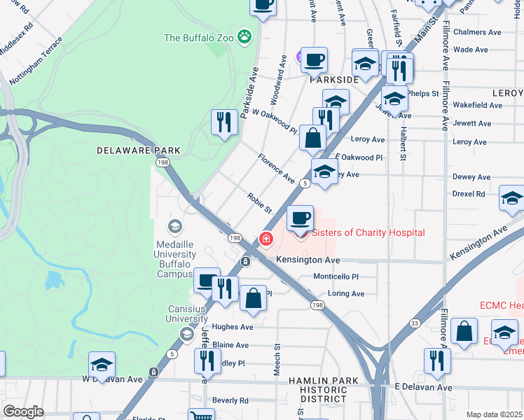 map of restaurants, bars, coffee shops, grocery stores, and more near 24 Robie Street in Buffalo