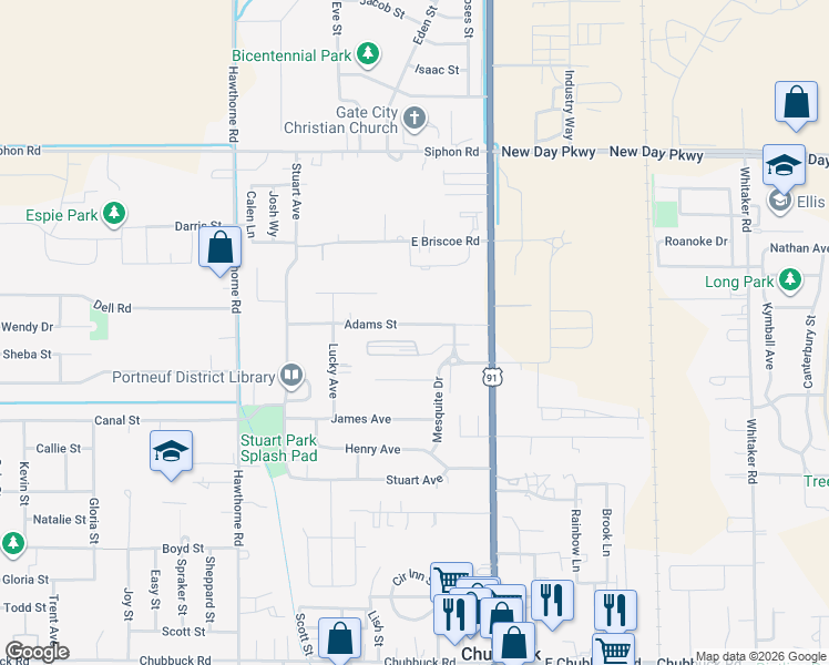map of restaurants, bars, coffee shops, grocery stores, and more near 231 Adams Street in Pocatello