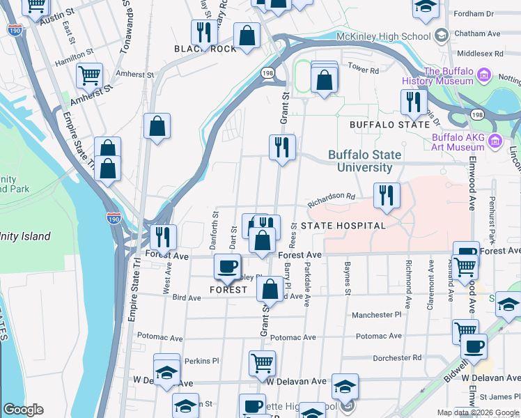 map of restaurants, bars, coffee shops, grocery stores, and more near 73 Hawley Street in Buffalo