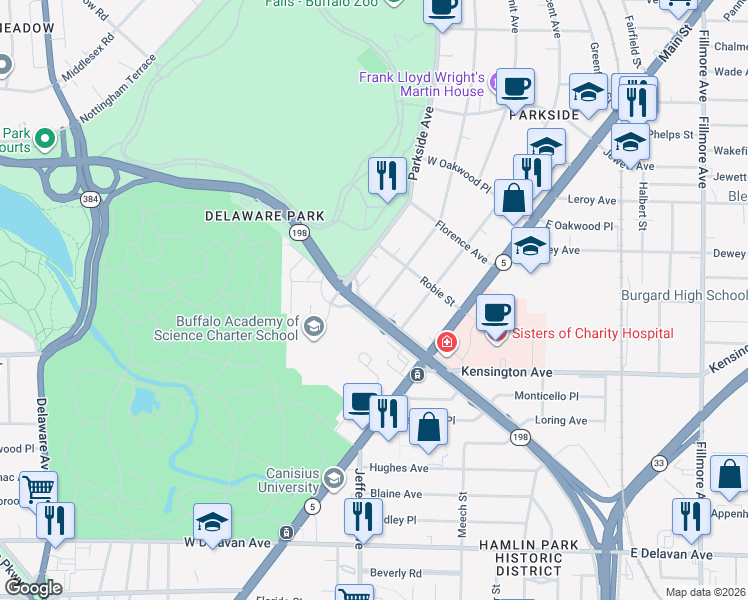 map of restaurants, bars, coffee shops, grocery stores, and more near 86 Humboldt Parkway in Buffalo
