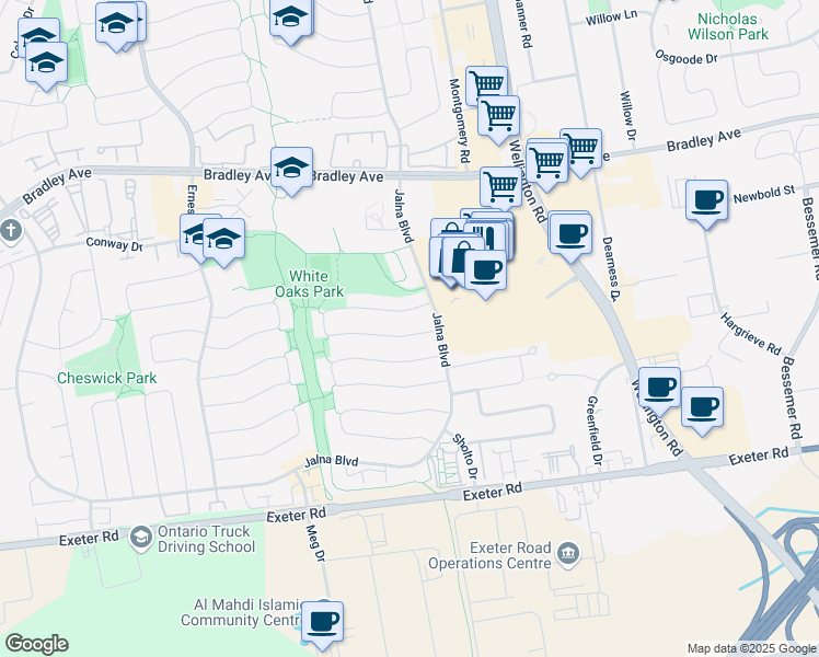 map of restaurants, bars, coffee shops, grocery stores, and more near 87 Renny Crescent in London