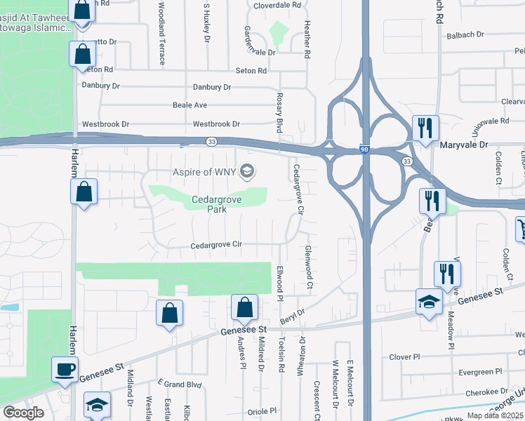 map of restaurants, bars, coffee shops, grocery stores, and more near 33-35 Elkhurst Drive in Cheektowaga