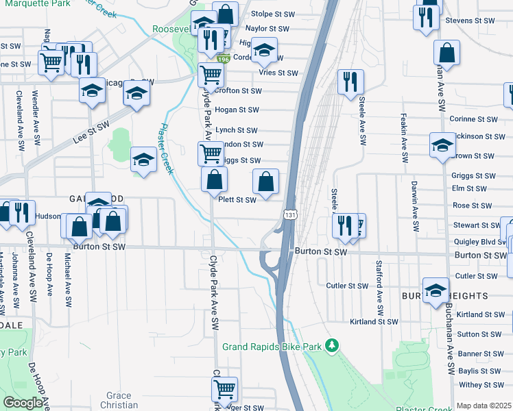 map of restaurants, bars, coffee shops, grocery stores, and more near 654 Plett Street Southwest in Grand Rapids