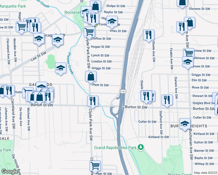 map of restaurants, bars, coffee shops, grocery stores, and more near 654 Plett Street Southwest in Grand Rapids