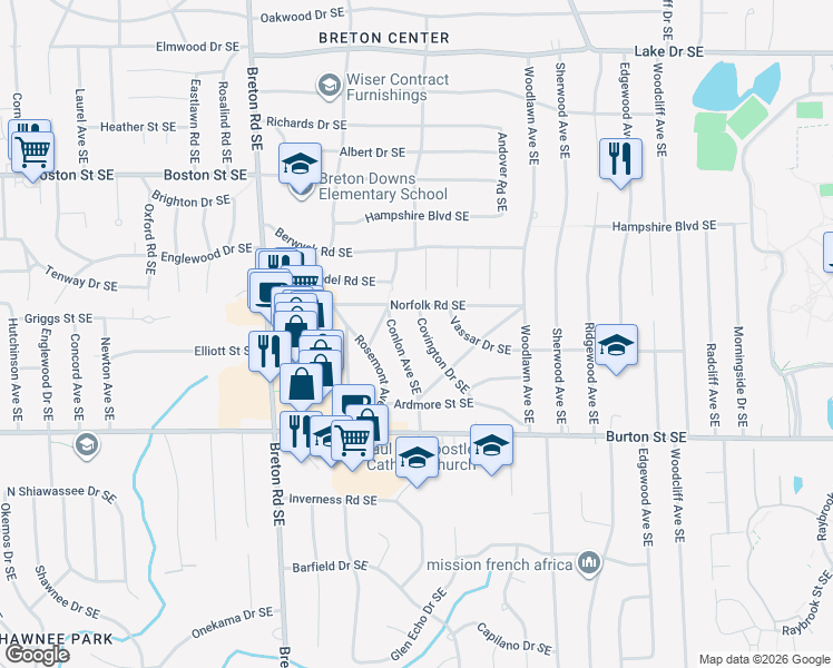 map of restaurants, bars, coffee shops, grocery stores, and more near 1829 Covington Drive Southeast in Grand Rapids