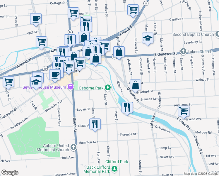 map of restaurants, bars, coffee shops, grocery stores, and more near 72 Osborne Street in Auburn