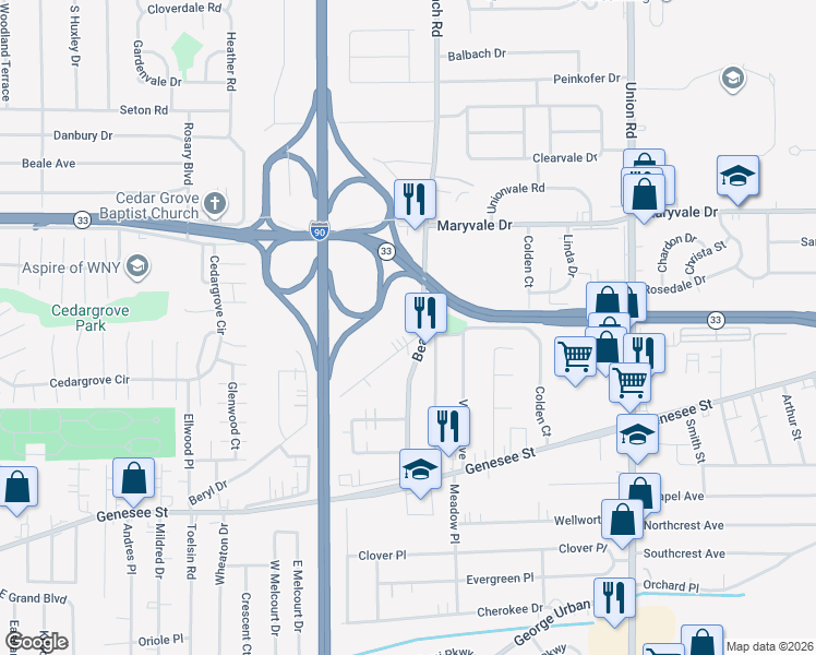 map of restaurants, bars, coffee shops, grocery stores, and more near 304 Fonda Drive in Buffalo