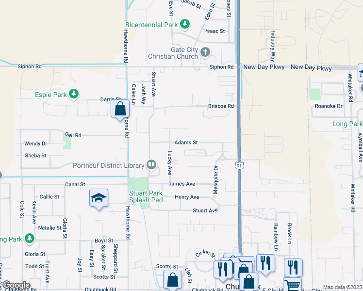 map of restaurants, bars, coffee shops, grocery stores, and more near 301 Adams Street in Pocatello