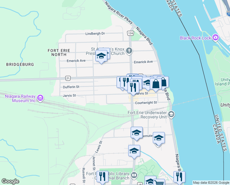 map of restaurants, bars, coffee shops, grocery stores, and more near 232 Jarvis Street in Fort Erie