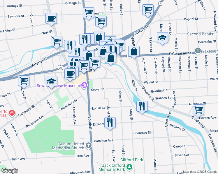 map of restaurants, bars, coffee shops, grocery stores, and more near 29 Grover Street in Auburn