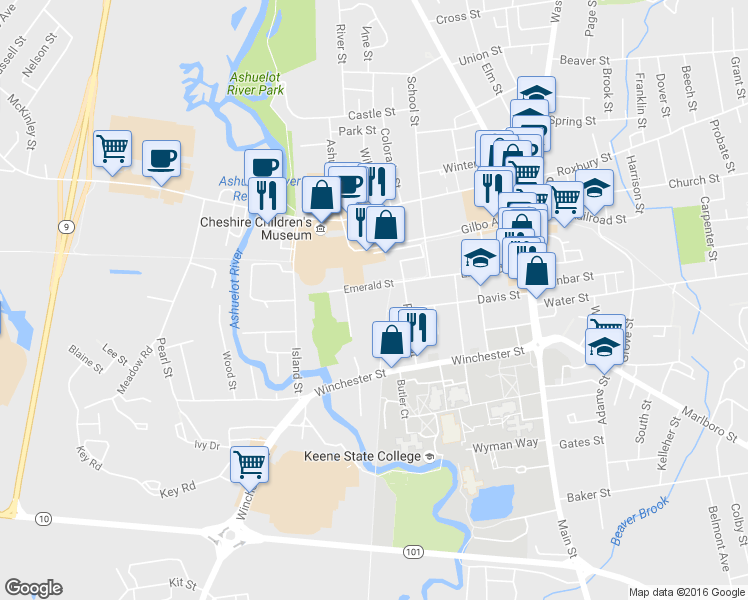 map of restaurants, bars, coffee shops, grocery stores, and more near 160 Emerald Street in Keene