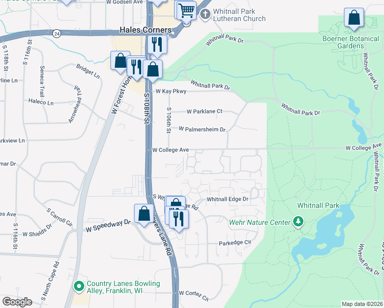 map of restaurants, bars, coffee shops, grocery stores, and more near 10459 West College Avenue in Hales Corners