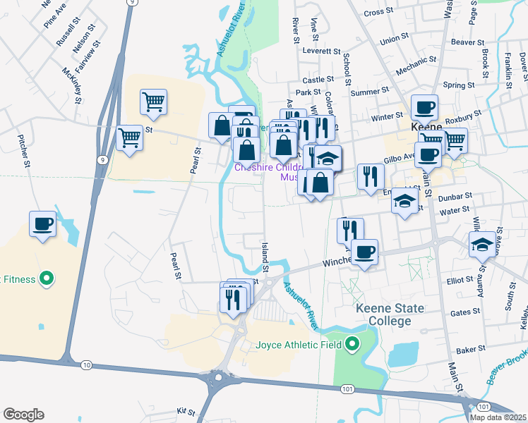 map of restaurants, bars, coffee shops, grocery stores, and more near Island Street in Keene