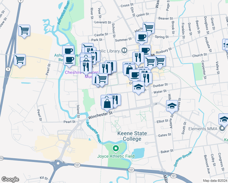 map of restaurants, bars, coffee shops, grocery stores, and more near 1 Ralston Street in Keene