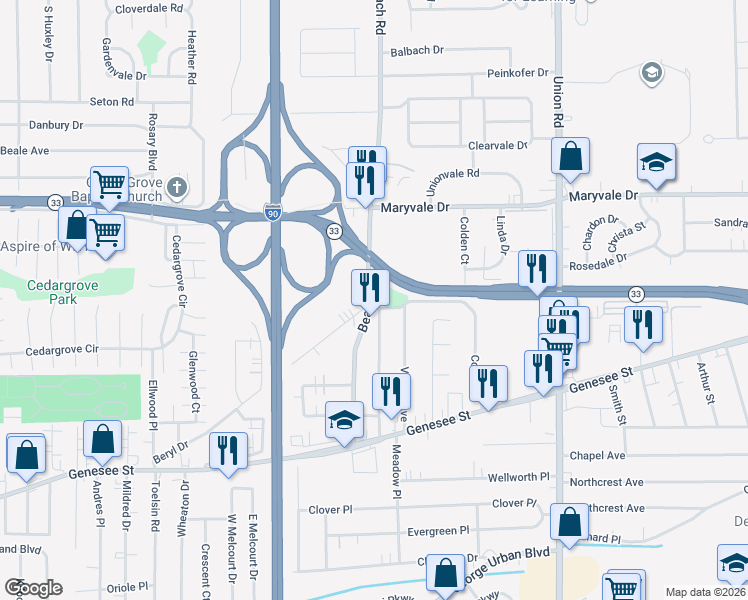 map of restaurants, bars, coffee shops, grocery stores, and more near 335 Beach Road in Buffalo