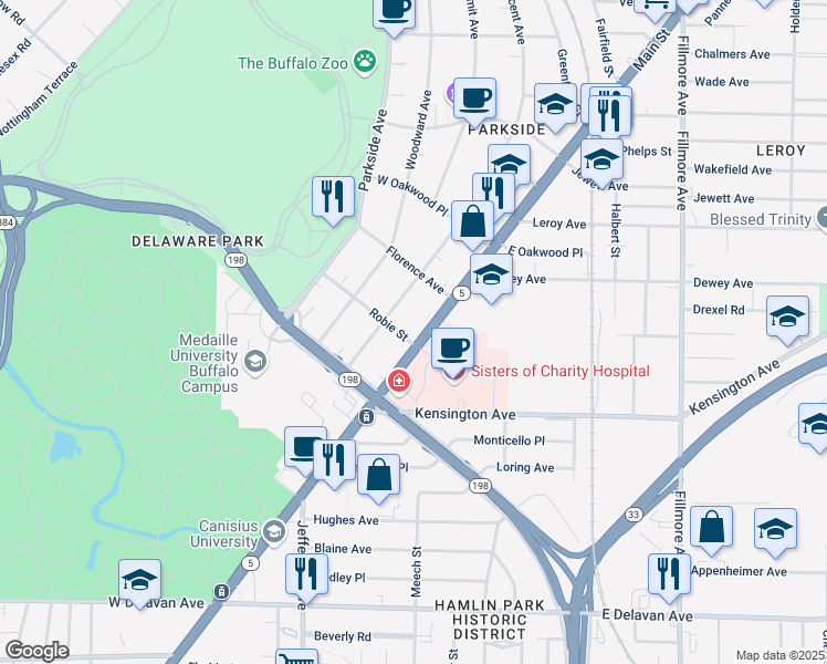 map of restaurants, bars, coffee shops, grocery stores, and more near 2214 Main Street in Buffalo