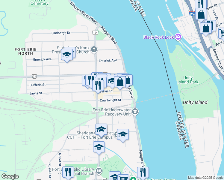 map of restaurants, bars, coffee shops, grocery stores, and more near in Fort Erie