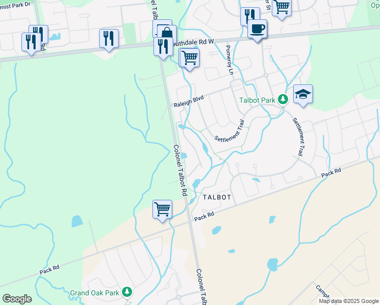 map of restaurants, bars, coffee shops, grocery stores, and more near 3278 Colonel Talbot Road in London