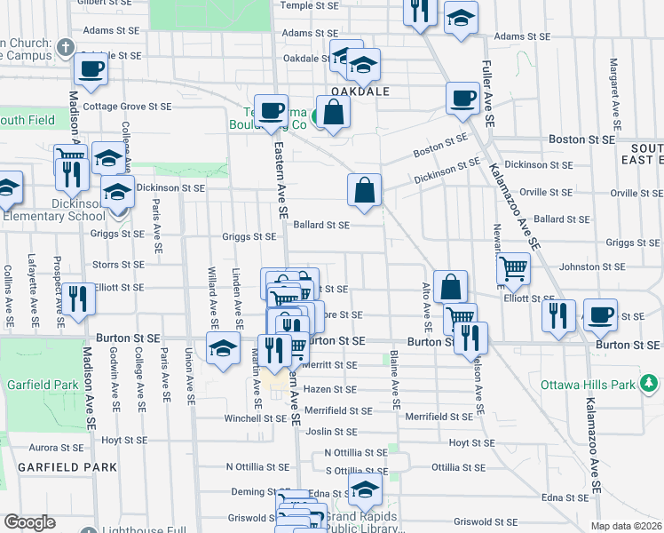 map of restaurants, bars, coffee shops, grocery stores, and more near 1833 Thelma Avenue Southeast in Grand Rapids